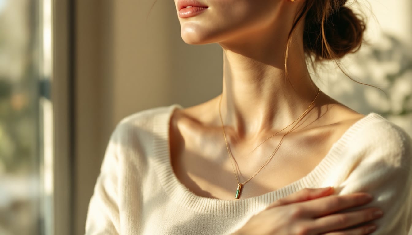 Pendentif Inhalova porté au cou, ambiance feutrée